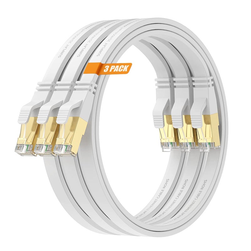 Surplay Cat8 3FT-3Pack Ethernet Cable,White-40Gbps Internet Network Patch Cord,High Speed Gold-Plated RJ45 Double Shielded with Ground Wire & Cable-Tie for Gaming,Modem,Hub,Router - Image 1